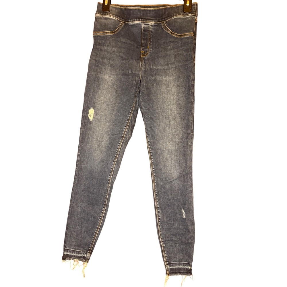 SPANX Womens Blue Denim Jeans Distressed Frayed Hem Pull On Skinny Leg Pants